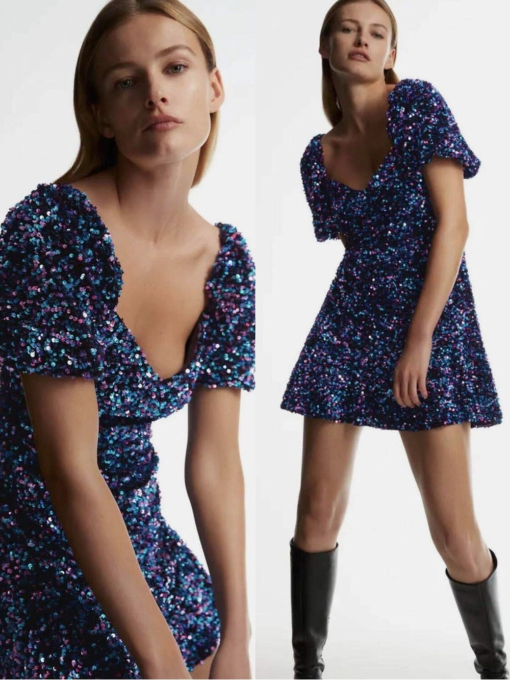 NWOT Zara Iridiscent Blue & Pink Sequin Mini Dress